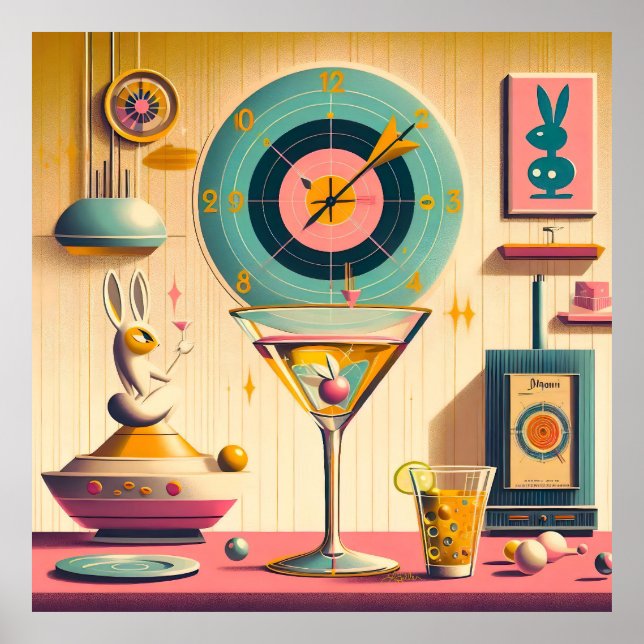 Mid Century Atomic Retro Futuristic Rabbit Martini Poster (Front)
