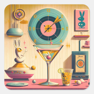 Mid Century Atomic Retro Futuristic Rabbit Martini Square Sticker