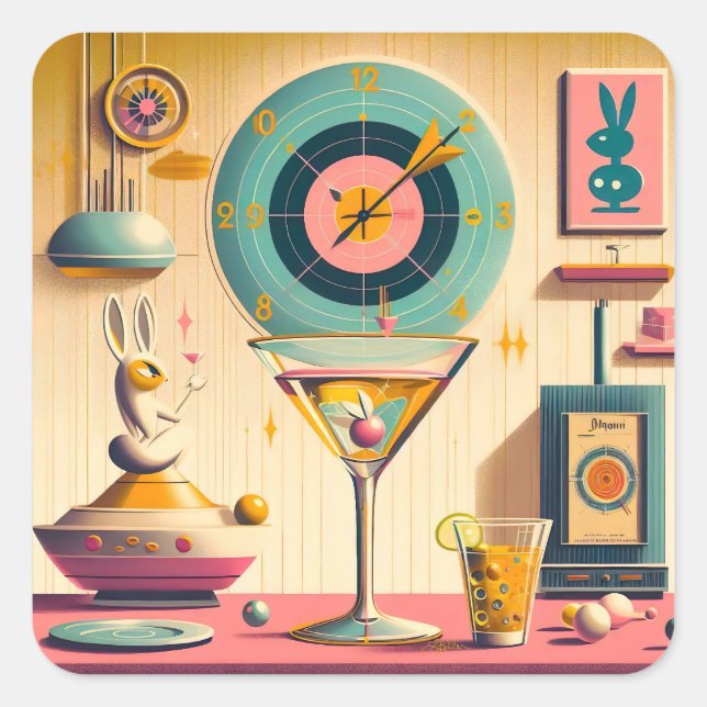 Mid Century Atomic Retro Futuristic Rabbit Martini Square Sticker (Front)