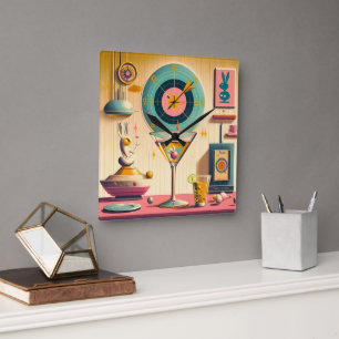 Mid Century Atomic Retro Futuristic Rabbit Martini Square Wall Clock