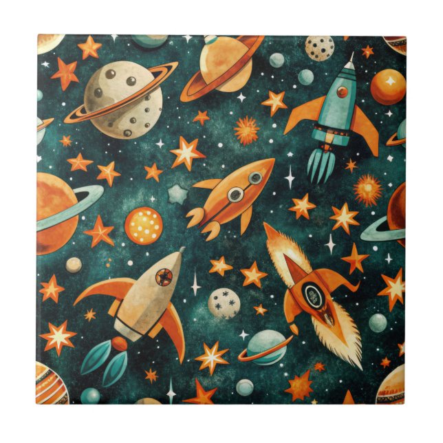 Mid Century Atomic Space Orange Teal Planet Ceramic Tile (Front)