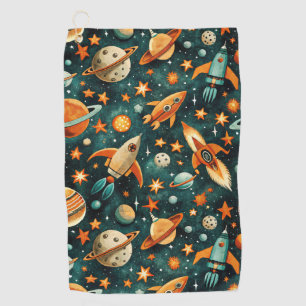 Mid Century Atomic Space Orange Teal Planet Golf Towel