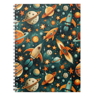 Mid Century Atomic Space Orange Teal Planet Notebook