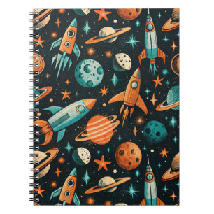Mid Century Atomic Space Orange Teal Planet Notebook
