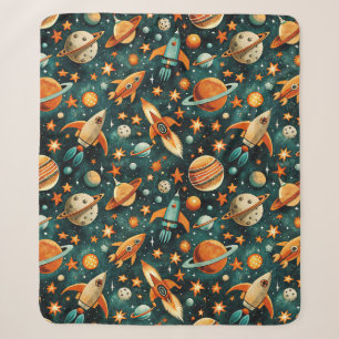 Mid Century Atomic Space Orange Teal Planet Sherpa Blanket