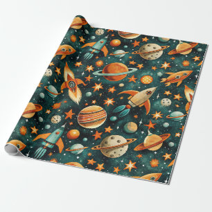 Mid Century Atomic Space Orange Teal Planet Wrapping Paper