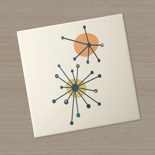 Mid Century Atomic Starburst Cream, Dark Teal Ceramic Tile (Creator Uploaded)