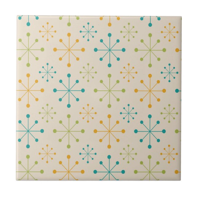 Mid Century Atomic Starburst Orange Teal Green  Ceramic Tile (Front)
