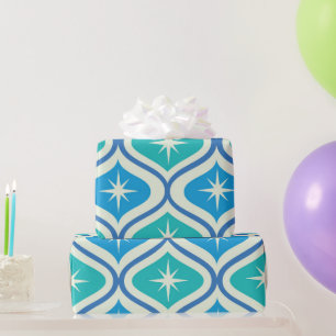 Mid Century Atomic Starbursts on Blue ogee Wrapping Paper