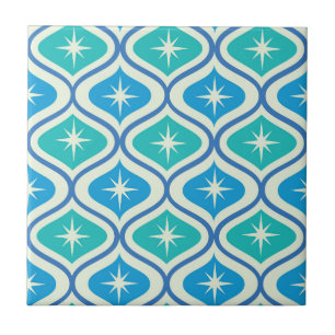 Mid Century Atomic Starbursts on Blue Teal Ogee Ceramic Tile