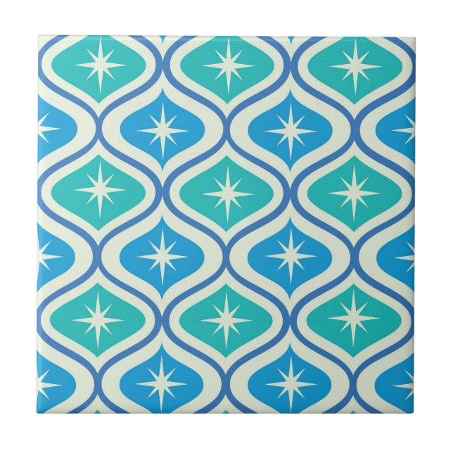 Mid Century Atomic Starbursts on Blue Teal Ogee  Ceramic Tile (Front)