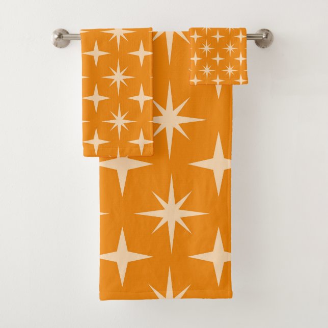 Mid Century Atomic Starbursts on Orange  Bath Towel Set (Insitu)