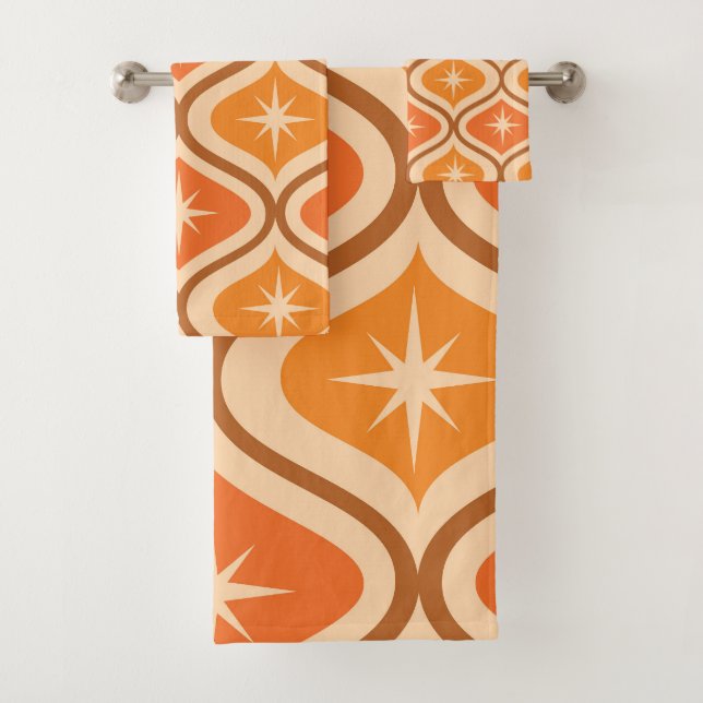 Mid Century Atomic Starbursts on Orange  Ogee  Bath Towel Set (Insitu)