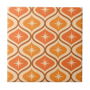 Mid Century Atomic Starbursts on Orange Ogee Ceramic Tile
