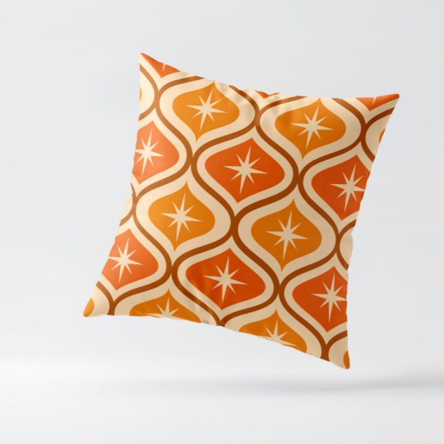 Mid Century Atomic Starbursts on Orange  Ogee  Cushion (mid century starbursts on orange and amber ogee throw pillow )