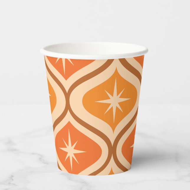 Mid Century Atomic Starbursts on Orange  Ogee  Paper Cups (Front)