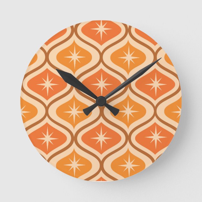 Mid Century Atomic Starbursts on Orange  Ogee  Round Clock (Front)