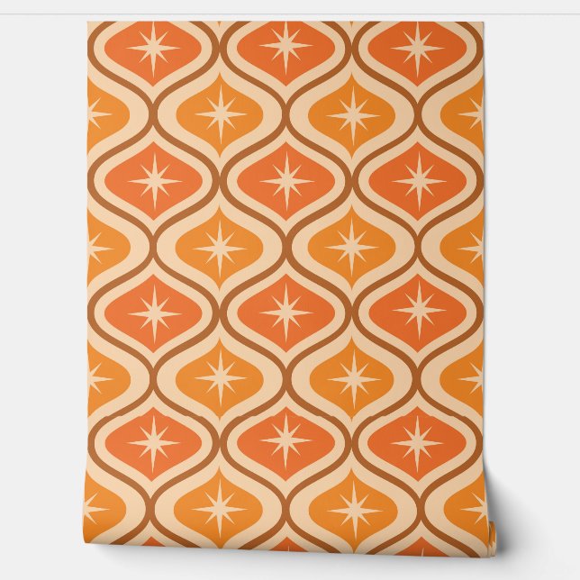 Mid Century Atomic Starbursts on Orange Ogee Wallpaper (Unrolling)