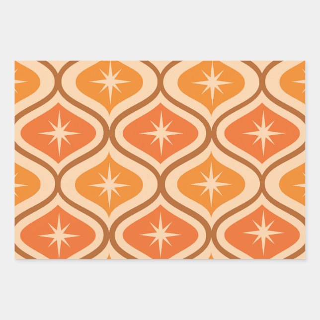 Mid Century Atomic Starbursts on Orange  Ogee  Wrapping Paper Sheet (Front)