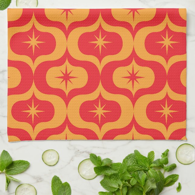 Mid Century Atomic Starbursts on Red Orange Ogee  Tea Towel (Folded)