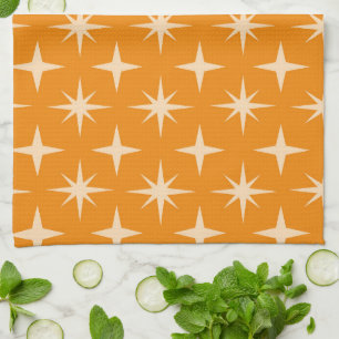 Mid Century Atomic starbursts Pattern on Orange  Tea Towel