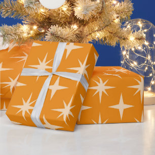Mid Century Atomic Starbursts  Pattern on Orange  Wrapping Paper