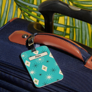 Mid Century Atomic Stars and diamonds on Teal  Luggage Tag