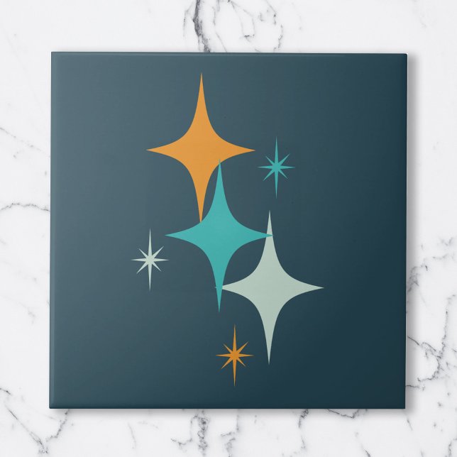 Mid Century Atomic Stars Dark Teal Aqua Orange Ceramic Tile (Mid Century Atomic Stars Dark Teal Aqua Orange Ceramic Tile)