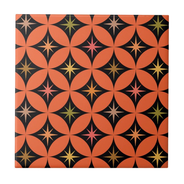 Mid Century Atomic Stars on Orange Circles Ceramic Tile (Front)