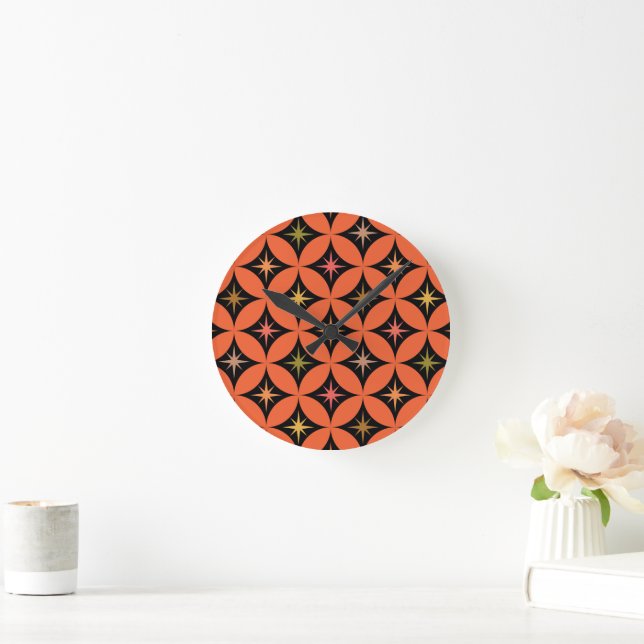 Mid Century Atomic Stars on Orange Circles Round Clock (Home)