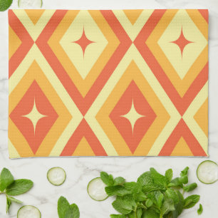 Mid Century Atomic Stars on Orange Red Diamonds Tea Towel