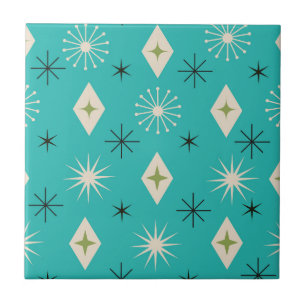 Mid Century Atomic Stars with diamonds on Teal  Ceramic Tile