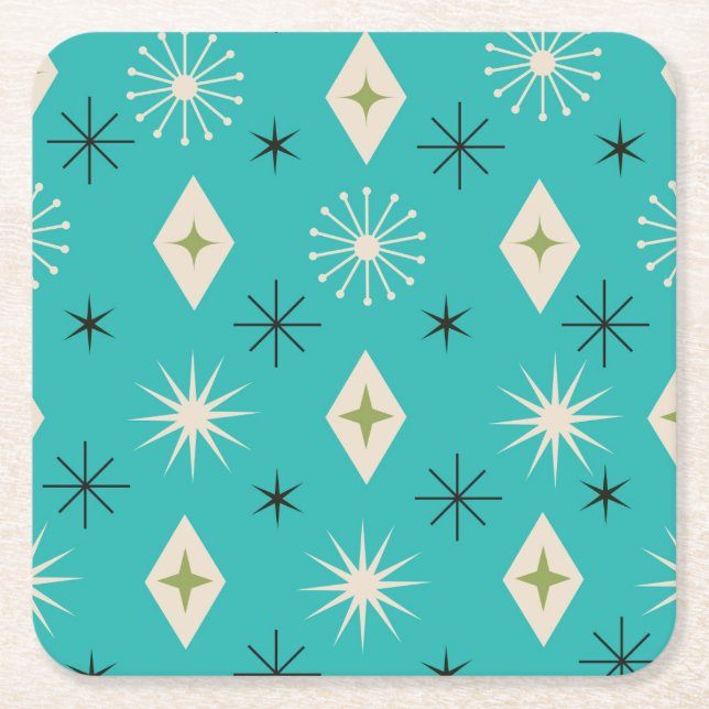 Mid Century Atomic Stars with diamonds on Teal  Square Paper Coaster (Front)