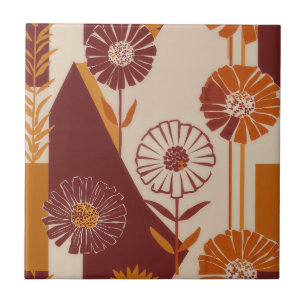 Mid Century Autumn Floral Geometric Pattern Ceramic Tile
