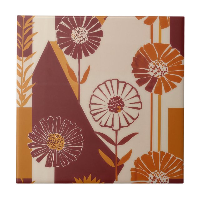 Mid Century Autumn Floral Geometric Pattern Ceramic Tile (Front)