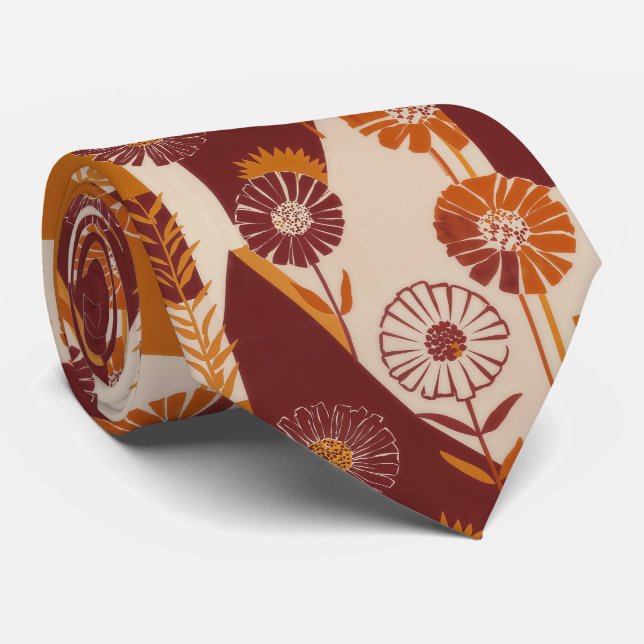 Mid Century Autumn Floral Geometric Pattern Tie (Rolled)