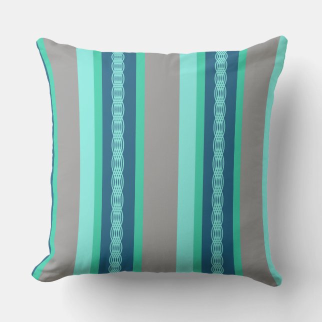 Mid-Century awning stripe - turquoise & grey Cushion (Front)