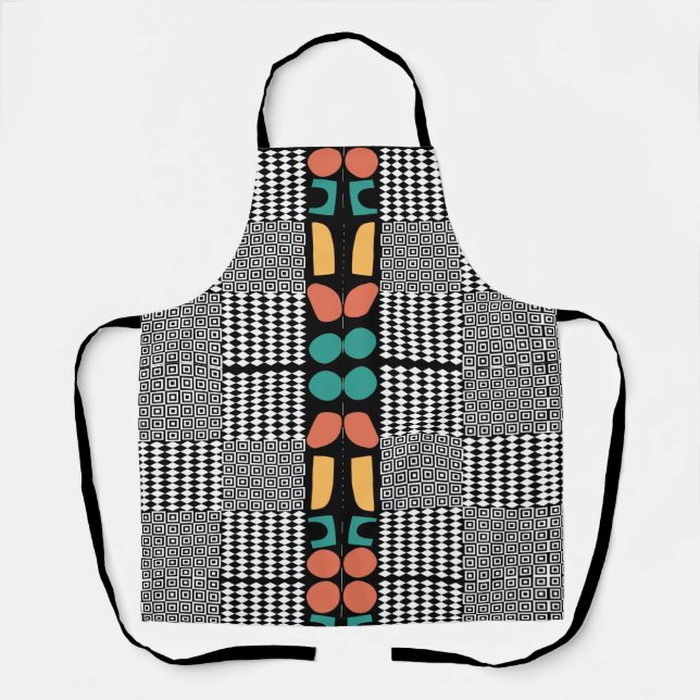 Mid-Century Bauhaus Abstract Geometry Teal & Coral Apron (Front)