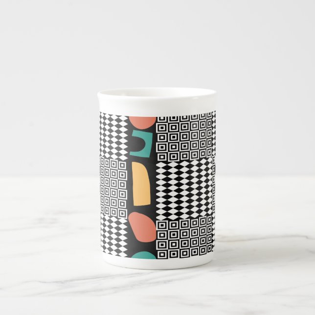 Mid-Century Bauhaus Abstract Geometry Teal & Coral Bone China Mug (Front)