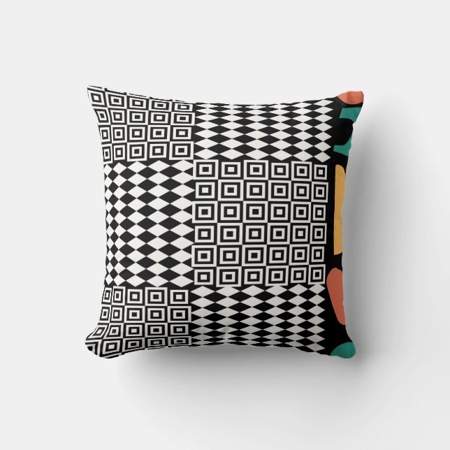 Mid-Century Bauhaus Abstract Geometry Teal & Coral Cushion (Front)