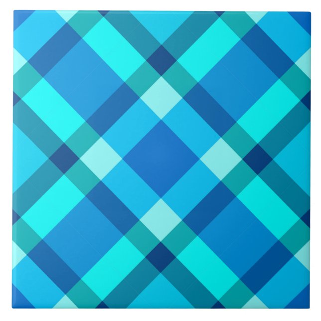 Mid-Century Bias Plaid, Cobalt Blue and Turquoise Ceramic Tile (Front)