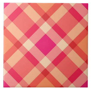 Mid-Century Bias Plaid, Orange, Coral & Fuchsia Ceramic Tile