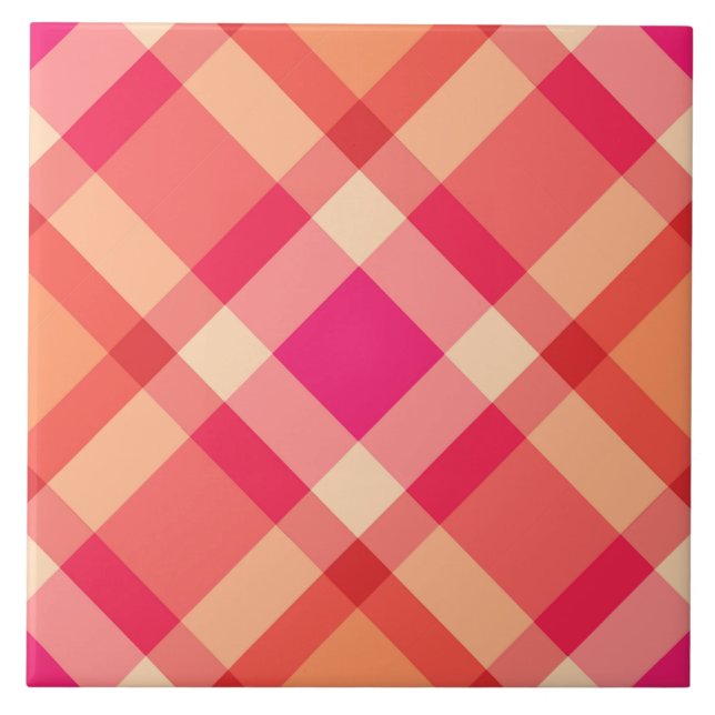Mid-Century Bias Plaid, Orange, Coral & Fuchsia Ceramic Tile (Front)