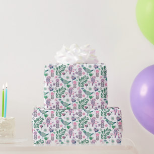Mid Century Birds and Flowers Pattern Purple Wrapping Paper