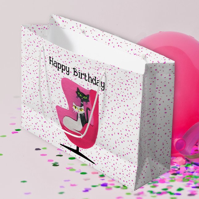 Mid Century Birthday Cats in Pink chair polka dots Large Gift Bag (Two pretty atomic cats in pink chair on white with pink dots Happy Birthday gift bag.)