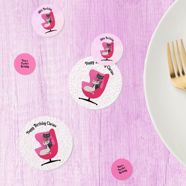 Mid Century Birthday Cats Pink Chair Polka Dots Confetti (Cats in pink mid century chair with pink polka dots on white and pink birthday table confetti.)