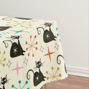 Mid Century Black Atomic Cat with Starbursts Tablecloth