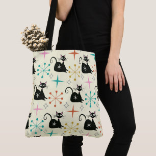 Mid Century Black Atomic Cat with Starbursts Tote Bag