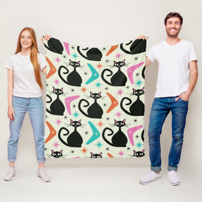 Mid-Century Black Atomic Cats and Boomerangs  Fleece Blanket (In Situ)