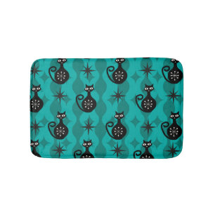 Mid Century Black Atomic Cats on Teal Ogee  Bath Mat